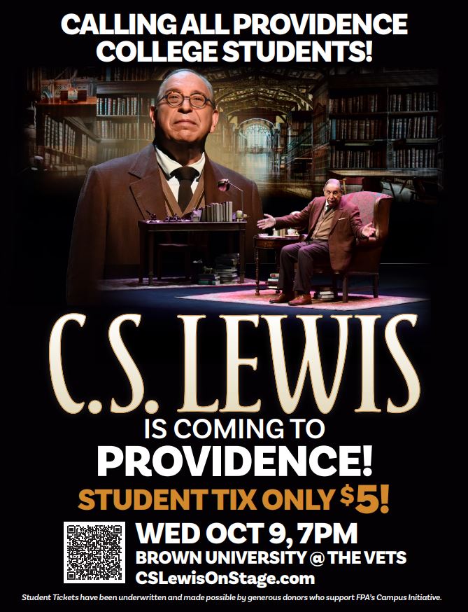 Black background of man sitting in chair for C. S. Lewis on Stage: Further Up and Further In.