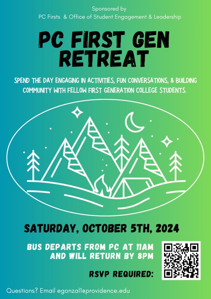 PC First Gen Retreat Flyer with an outlined image of mountains and a QR code on the bottom right corner