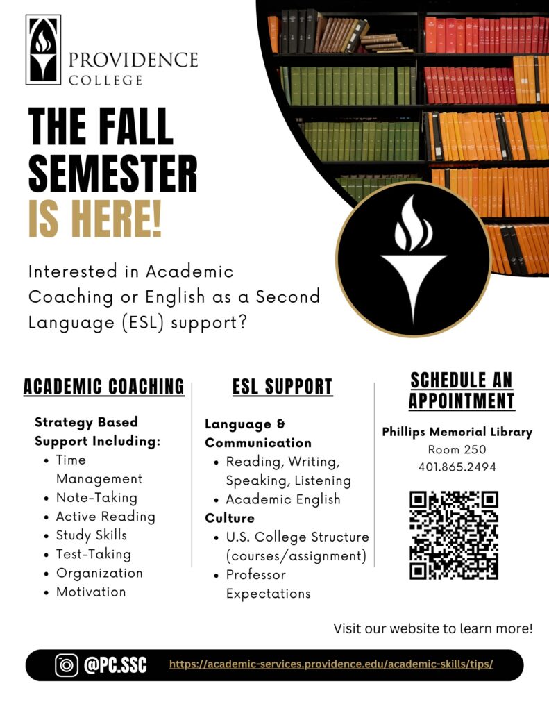 Information on academic coaching and ESL support, along with a QR code to book an appointment.