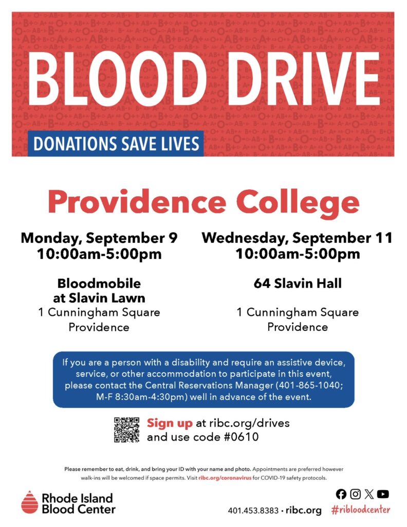 Flyer that details the upcoming blood drive at PC with red, white, and blue detailing.