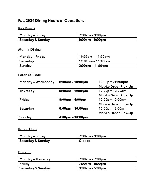 Fall 24 Regular Dining Hours