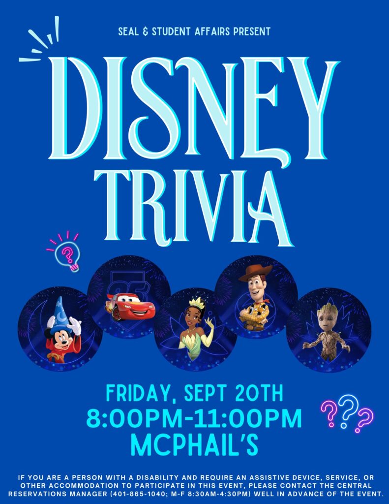 Disney Trivia poster  for September 20th from 8-11pm in McPhail's with pictures of different Disney characters