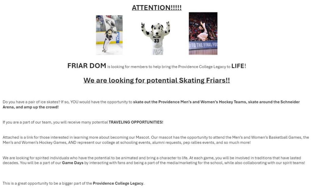 White poster with images of Friar Dom skating on ice