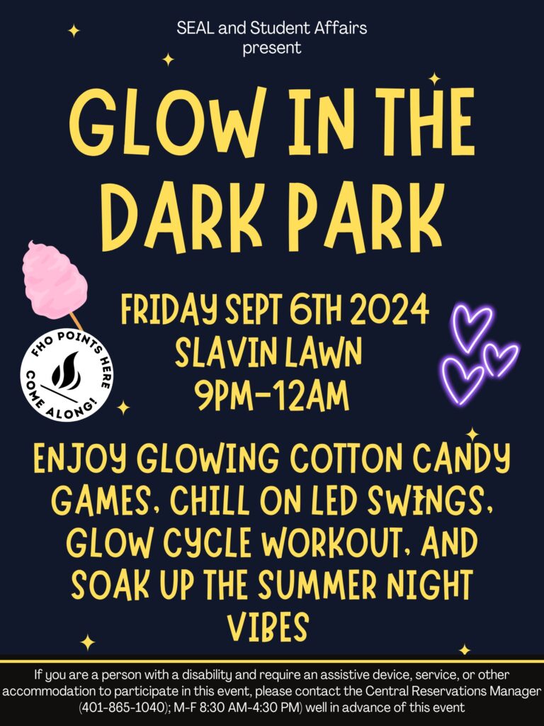 Glow in the Dark Park poster for Friday September 6th from 9pm-12am on Slavin Lawn

