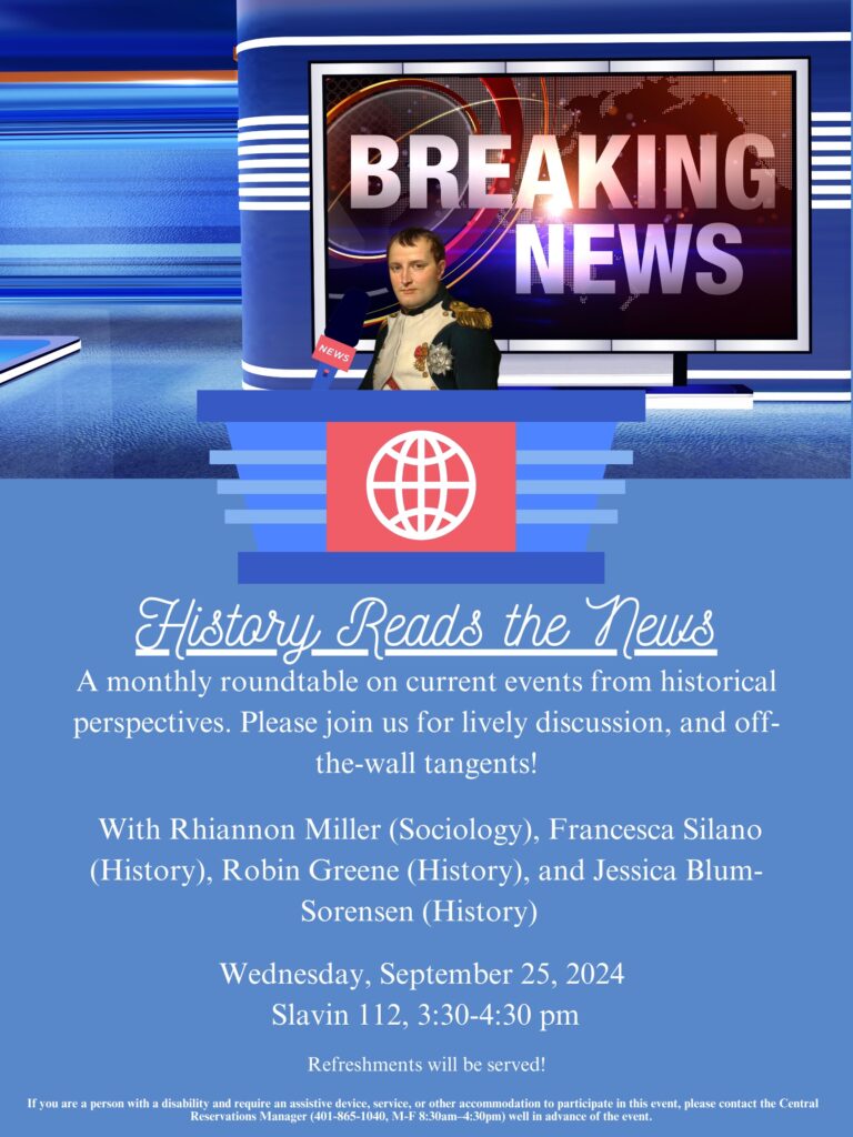 Image of Napoleon Bonaparte behind a news desk with event text below.