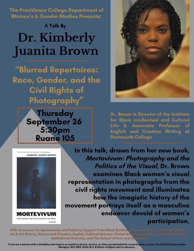 Flyer for Dr. Kimberly Juanita Brown talk titled "Blurred Repertoires: Race, Gender, and the Civil Rights of Photography."