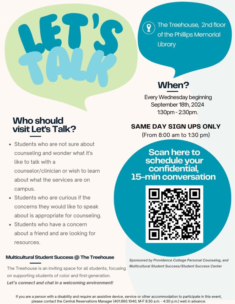 The flyer has bubbles regarding about the Let's Talk program and has a QR code to sign up for it.