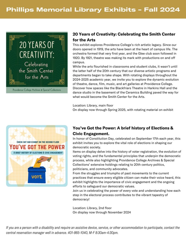 Flyer promoting 2 exhibits Check out the newest library exhibits: 20 Years of Creativity: Celebrating the Smith Center for the Arts and You’ve Got the Power: A brief history of Elections & Civic Engagement. The poster include two graphics with the exhibit titles.