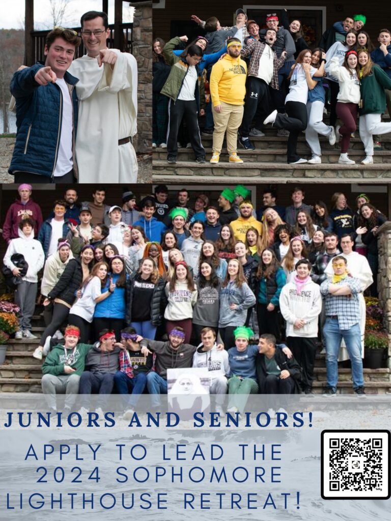 people standing and smiling followed by a QR code to apply to lead the 2024 sophomore lighthouse retreat.