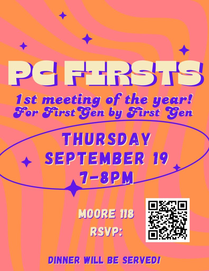 Orange and pink waves flyer for PC Firsts, 1st meeting of the year with a QR on the bottom right corner to RSVP