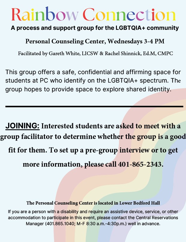 Flyer with rainbow showing details about a new support group for PC's LGBTQI+ community