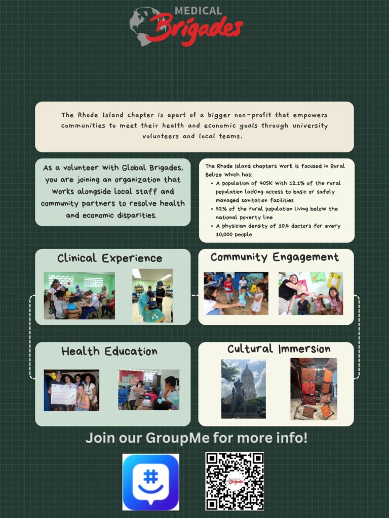 Green background poster with information of "As a volunteer with Global Brigades, you are joining an organization that works alongside local staff and community partners to resolve health and economic disparities. A medical brigade focuses on clinical experience, community engagement, health education, and cultural immersion." This poster also has different pictures of people helping kids.