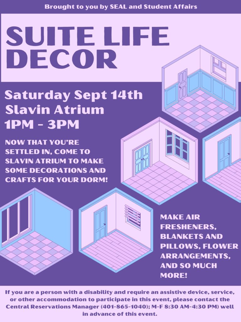 Purple poster with images of rooms and text describing the event as shown in the announcement details.