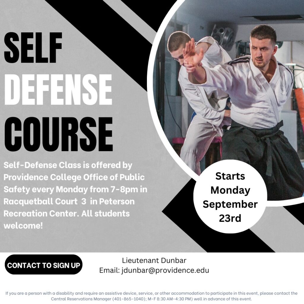 Self Defense Course Poster with grey and black background and with a picture of people learning self defense 