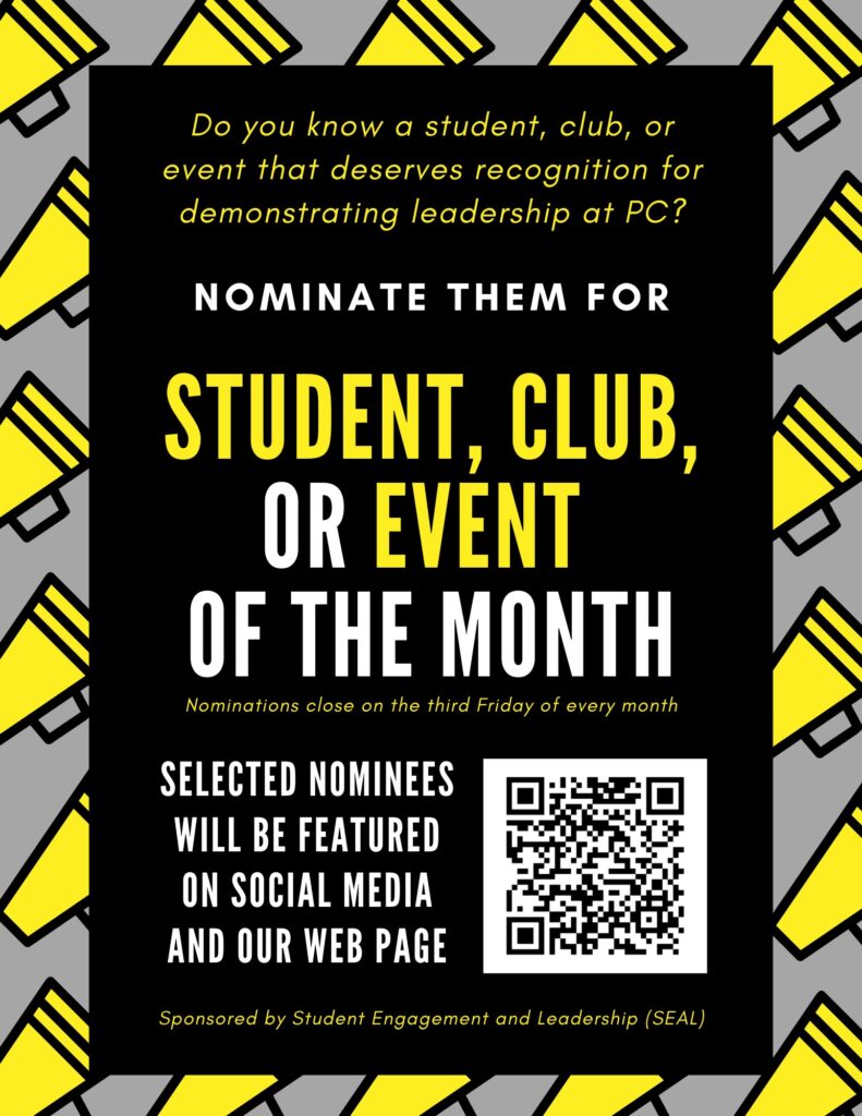 A flyer advertising the nomination process for student, club, or event of the month. A QR Code links to the nomination form at the bottom of the flyer.