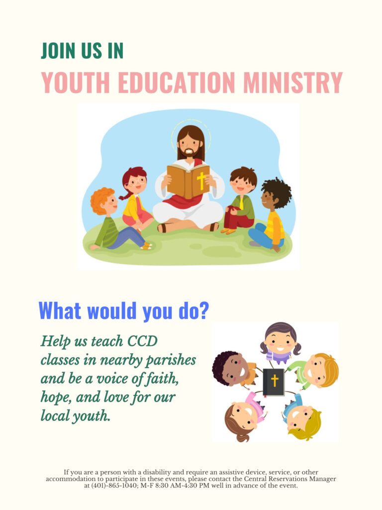 Graphic including "Youth Education Ministry" and cartoon image of young children in religious learning setting.