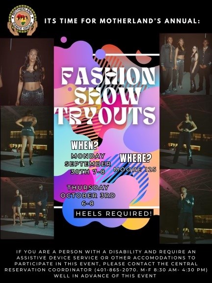 Motherland Fashion Tryout flyer. Tryouts on 9/30 and 10/3 from 7-8pm. The poster has pictures of last years fashion show