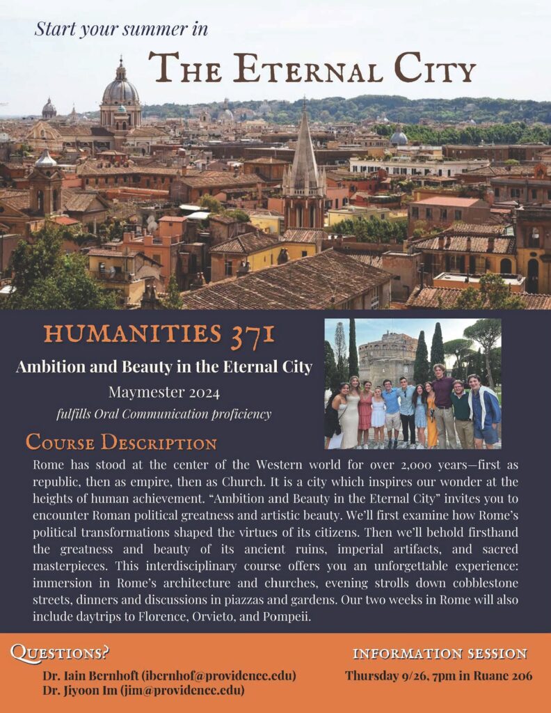 Italy Maymester poster with a picture of a city in the background