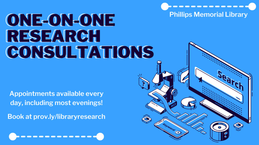 A graphic design that invites students who are looking for help with a research project to book a research consultation with a PC librarian.