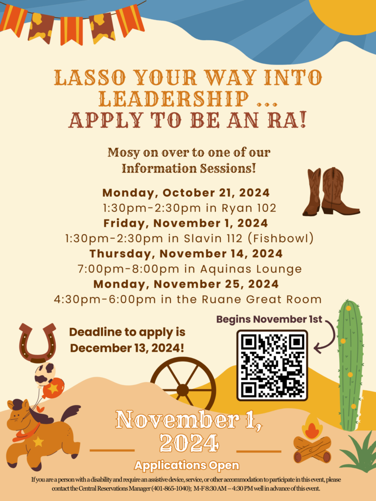 This is a flyer is cowboy themed and includes the dates for the information sessions and the date when the RA Application will open