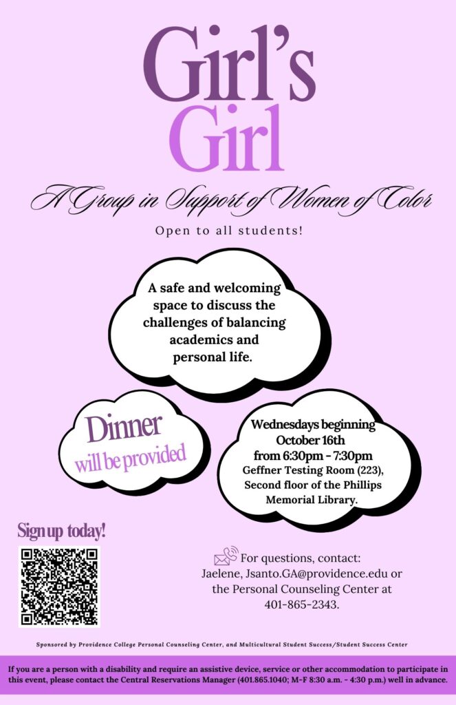 The flyer has clouds with information about the Group in Support of Women of Color and has a QR code to sign up for it.