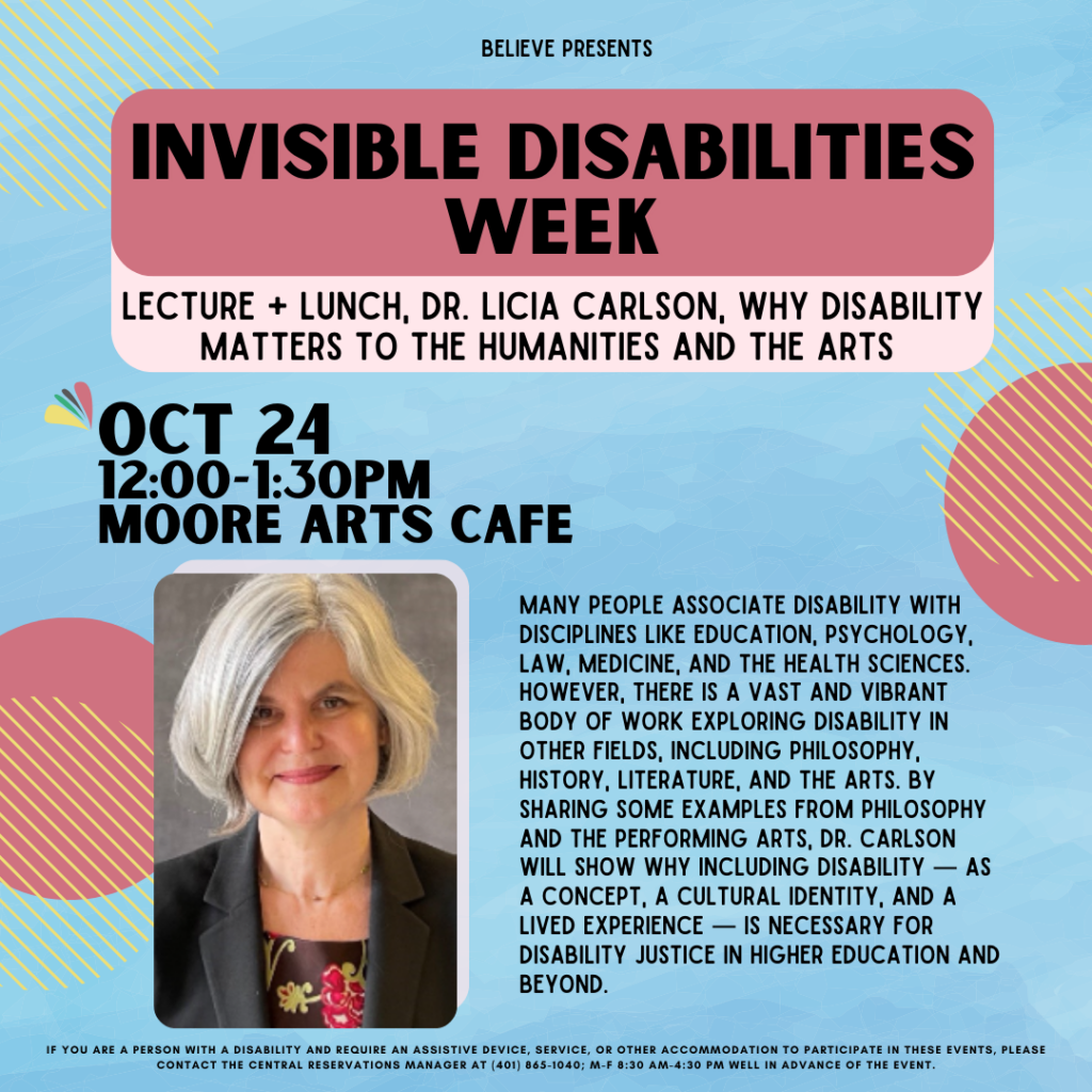 Light blue and pink flyer with yellow lines for the Invisible Disabilities week with a picture of Dr. Carlson smiling at us. The information is above.