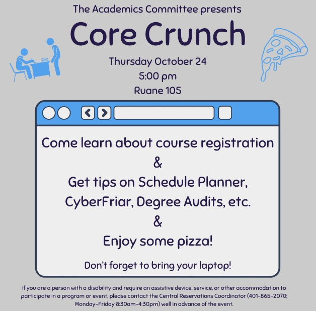 Flyer that details the upcoming event that looks like a computer screen window with a pizza slice and person at a desk with a student.