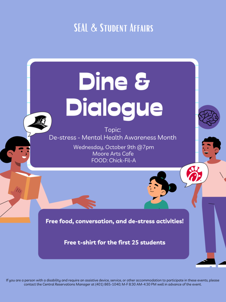 Purple dine and dialogue poster with information about the event and images of people talking with different logos from a Friar and Chick-fil-a