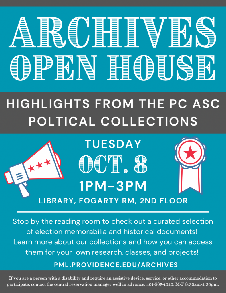 Fall archives open house flyer with blue and grey with information about the event happening today from 1-3pm in the library