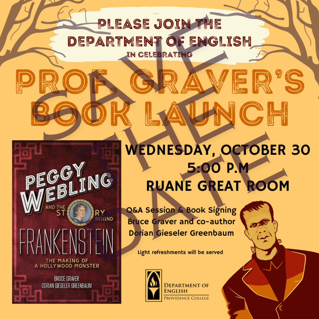 clip art of Frankenstein and Prof Graver's new book cover with a water mark that says "Save the date"