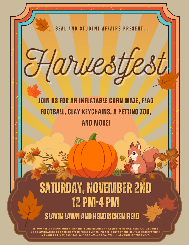 Harvestfest poster with images of orange leaves falling, a pumpkin and a squirell