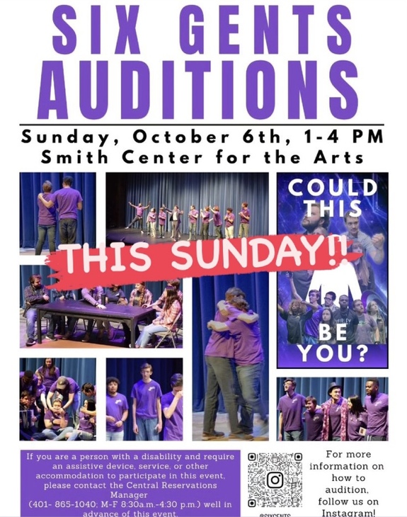 A poster for Six Gents Comedy Club auditions that contains pictures of the members acting during their sketch comedy shows, as well as the date, time, and place of auditions: Sunday, October 6th, any time from 1:00 pm to 4:00pm, in Smith Center for the Arts.