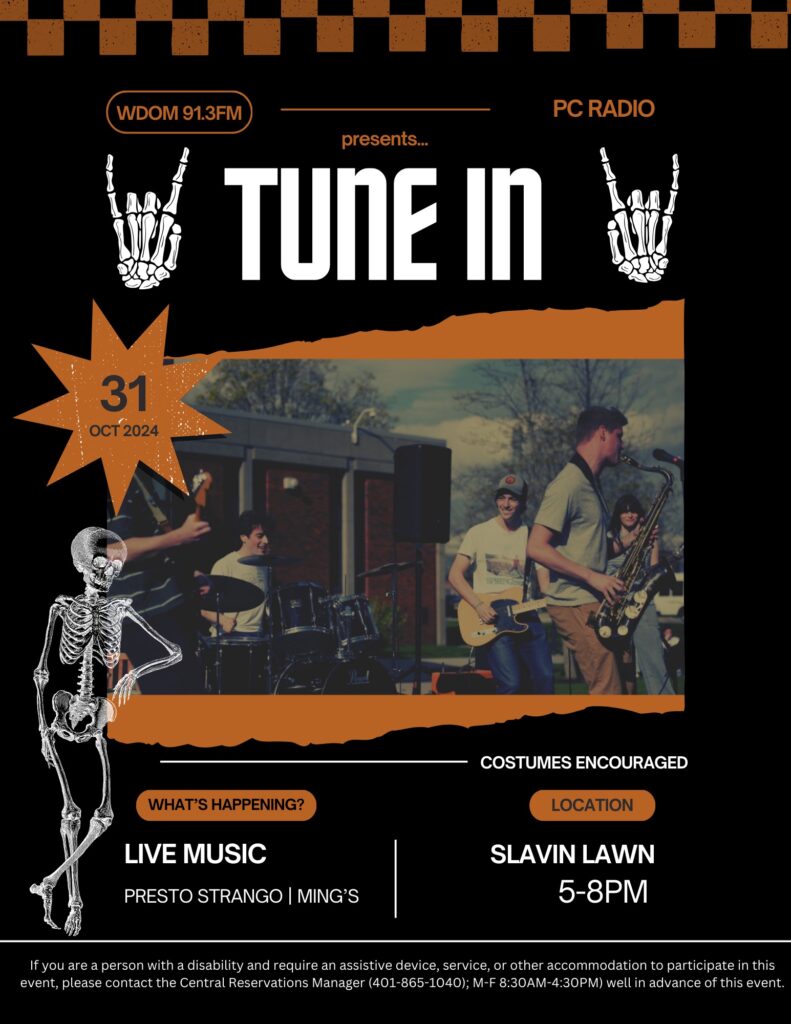 This is a Halloween-themed event poster for "Tune In," presented by WDOM 91.3FM and PC Radio. The design features a black background with orange and white elements. At the top, there's a checkered orange border. Below it, the title "Tune In" appears in bold white font with skeletal hand graphics on either side making rock-and-roll hand gestures. The date "31 Oct 2024" is shown in an orange star shape. A large image of a live outdoor band playing music is in the center, with musicians holding guitars and saxophones.