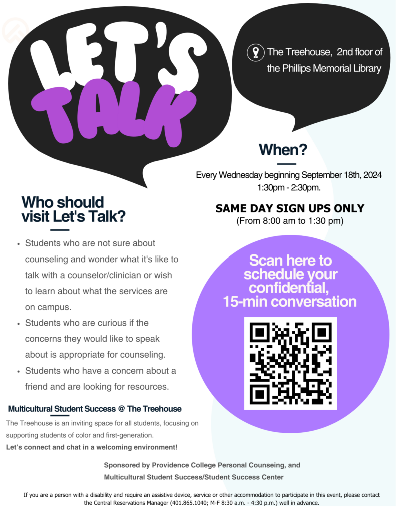 The flyer has black and purple bubbles regarding about the Let's Talk program and has a QR code to sign up for it.