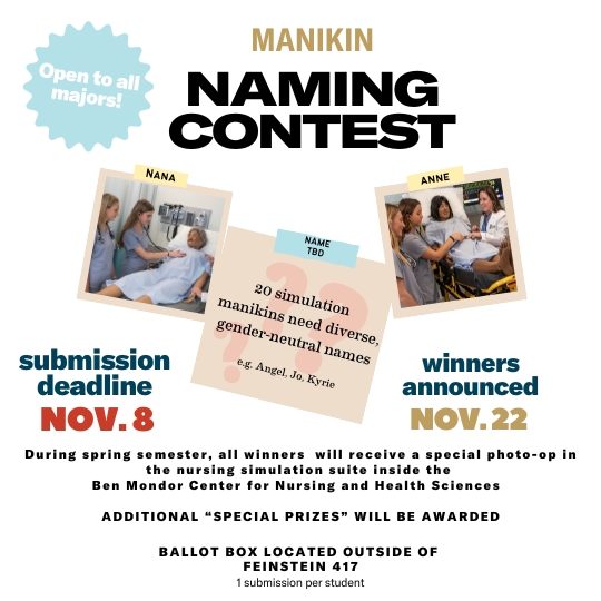 SNHS Manikin Naming Contest poster, with picture of students with manikins