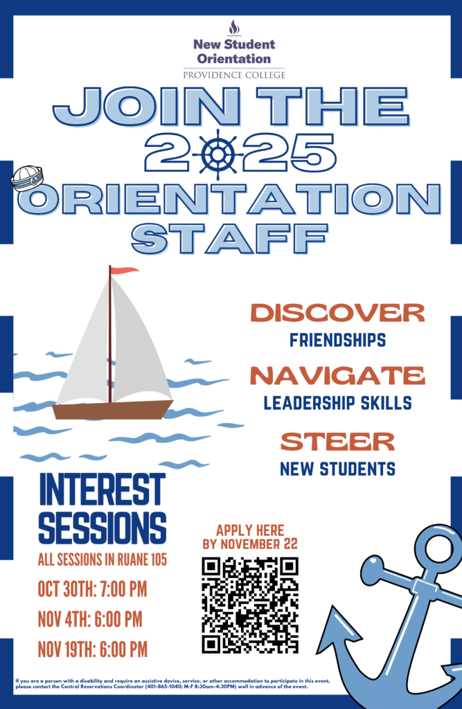 Blue and white poster ocean themed with "Orientation Leader Info Session on October 30th, 7:00pm at Ruane 105. Applications are now open." there is a picture of a boar and an anchor as well as a QR code to apply