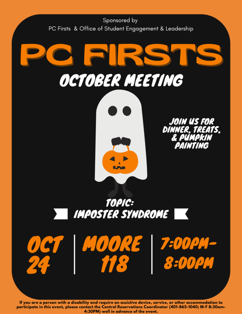 PC Firsts Meeting, topic: Imposter Syndrome. This poster has an animated ghost and the background is orange and black