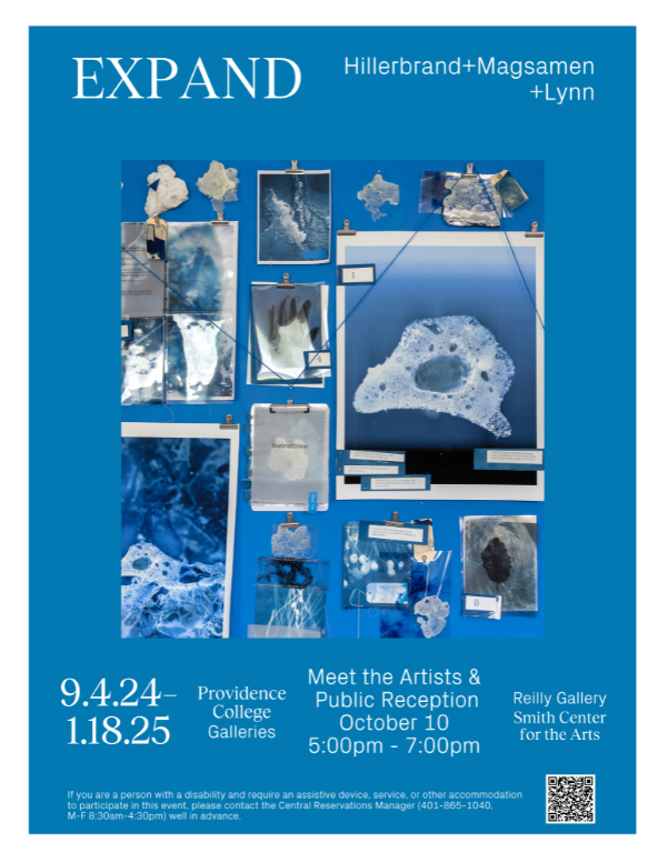 The blue-themed event announcement features a close-up detail of the artists experiments to make Hillerbrand and Magsamen's multi-media installation (slices of construction insulation foam pinned to the wall, baggies filled mysterious contents hanging on clips, and cyanotype collages).