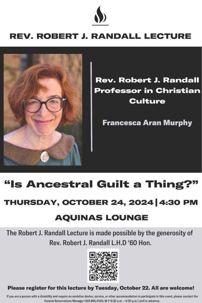 Photo headshot of Randall Professor, Francesca Aran Murphy, there is a QR code on the bottom of the flyer