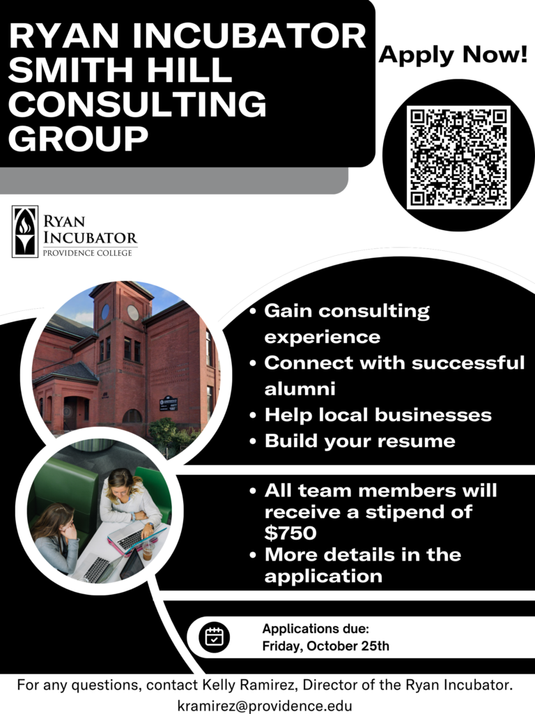 Information on the Ryan Incubator Smith Hill Consulting Group. This poster is black and white themed and has a QR coed on the top right corner