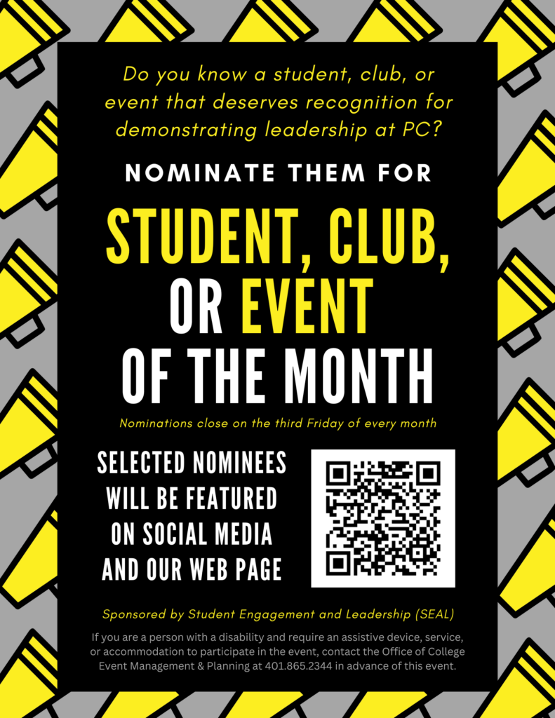 A flyer advertising the nomination process for student, club, or event of the month. A QR Code links to the nomination form at the bottom of the flyer.