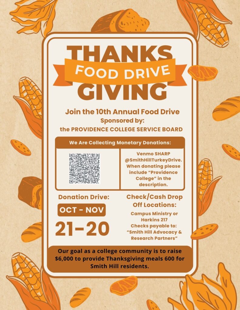 Orange flyer with images of bread cookies and corn about thanksgiving drive, donate, service

