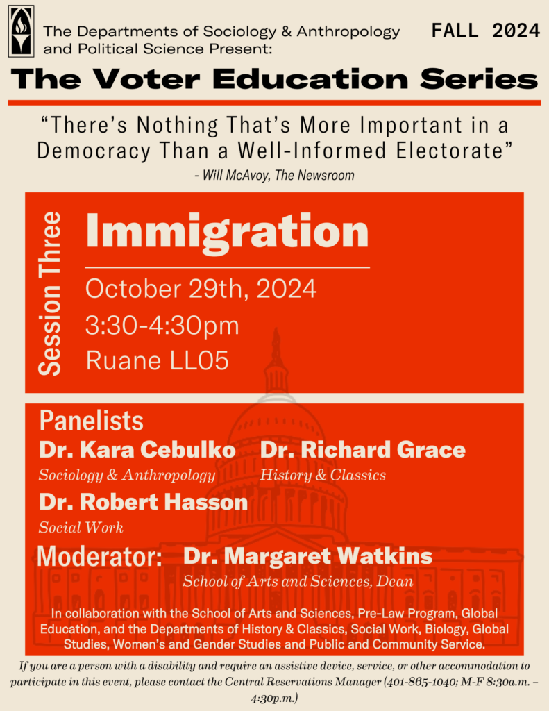 flyer advertising immigration panel on October 29th at 3:30pm in Ruane LL05.
