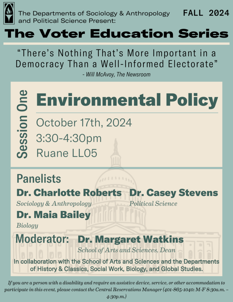 flyer advertizing environmental policy panel on october 17th at 3:30pm in Ruane LL05.