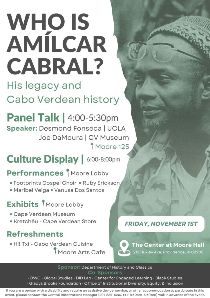 Image of Amilcar Cabral to the right of event details