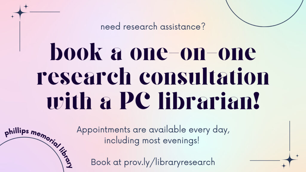 A graphic design that invites students who are looking for help with a research project to book a research consultation with a PC librarian.