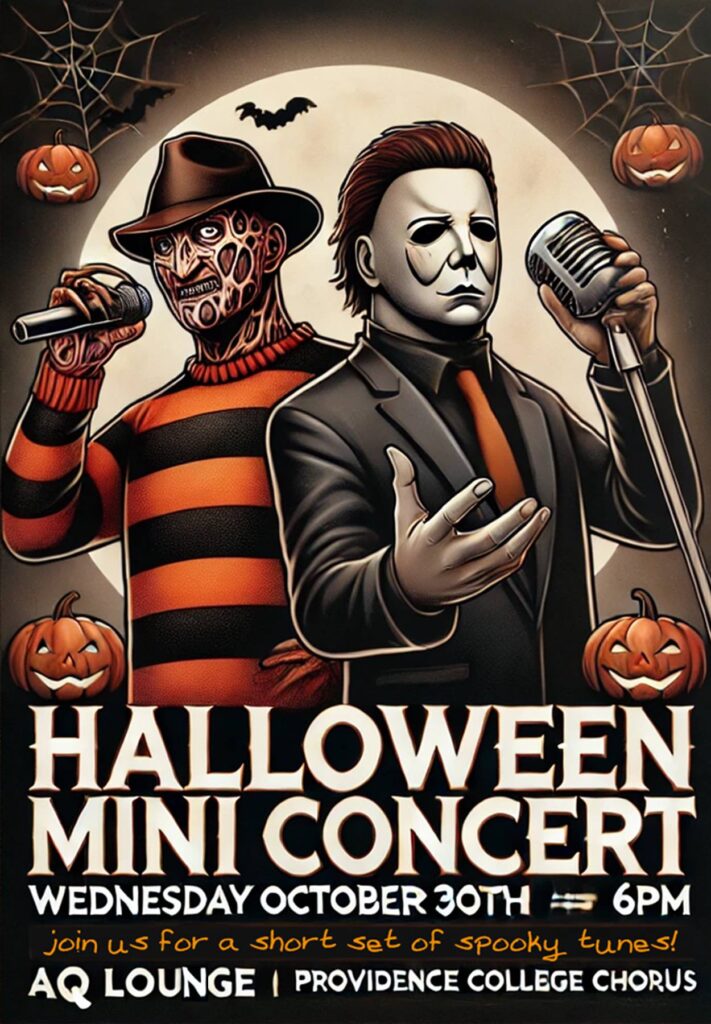 Halloween Mini Concert Flier October 30th at 6PM AQ Lounge
This poster has images of two people dresses up with microphones in their hand