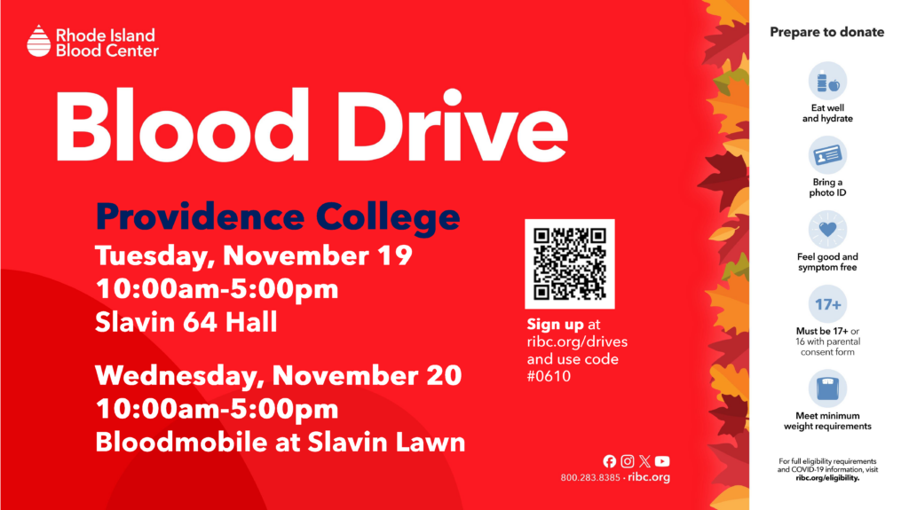 The flyer contains a red background/header with bold white text reading blood drive. It details the dates and times that the blood drive is occurring as well as how to sign up