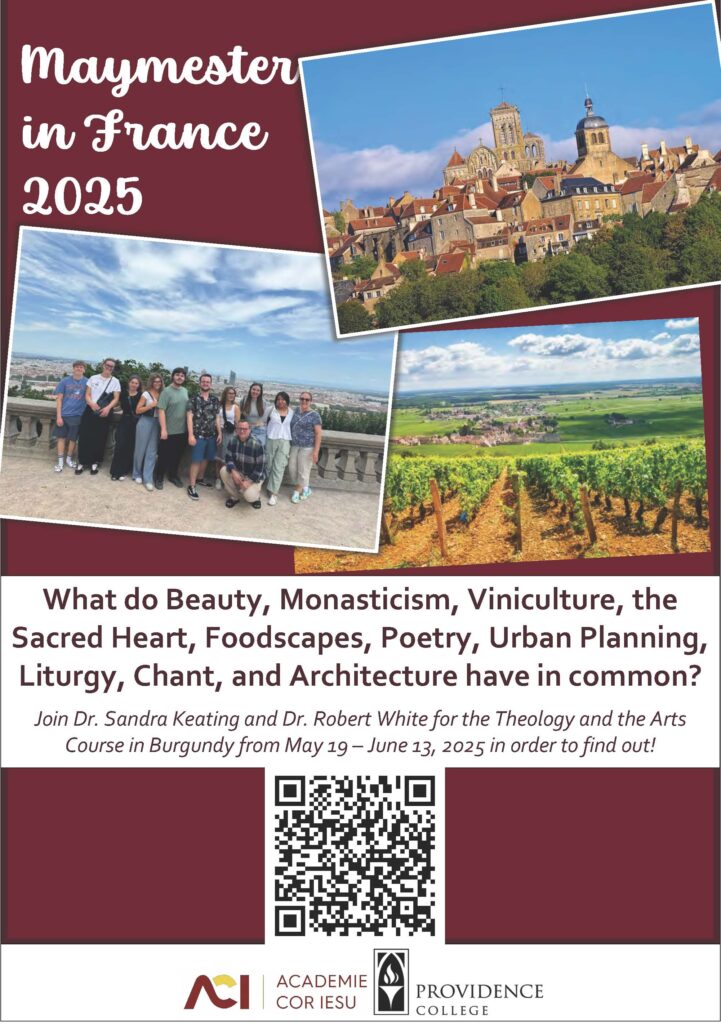 Red background with images from France, students, and a vineyard regarding a Maymester in France in 2025. 