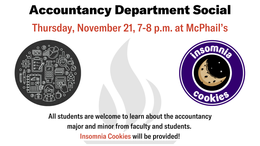 White background with logo of Insomnia Cookies and image of Accountancy-themed picture for Accuntancy Dept Social on 11/21 at 7pm.  